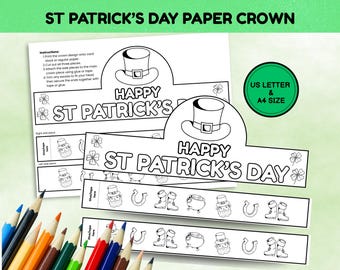 St Patrick's Day Coloring Paper Crown Craft, Leprechaun Hat Craft, St Paddy's Coloring Kid's Activity, Printable Paper Headband, DIY Hat
