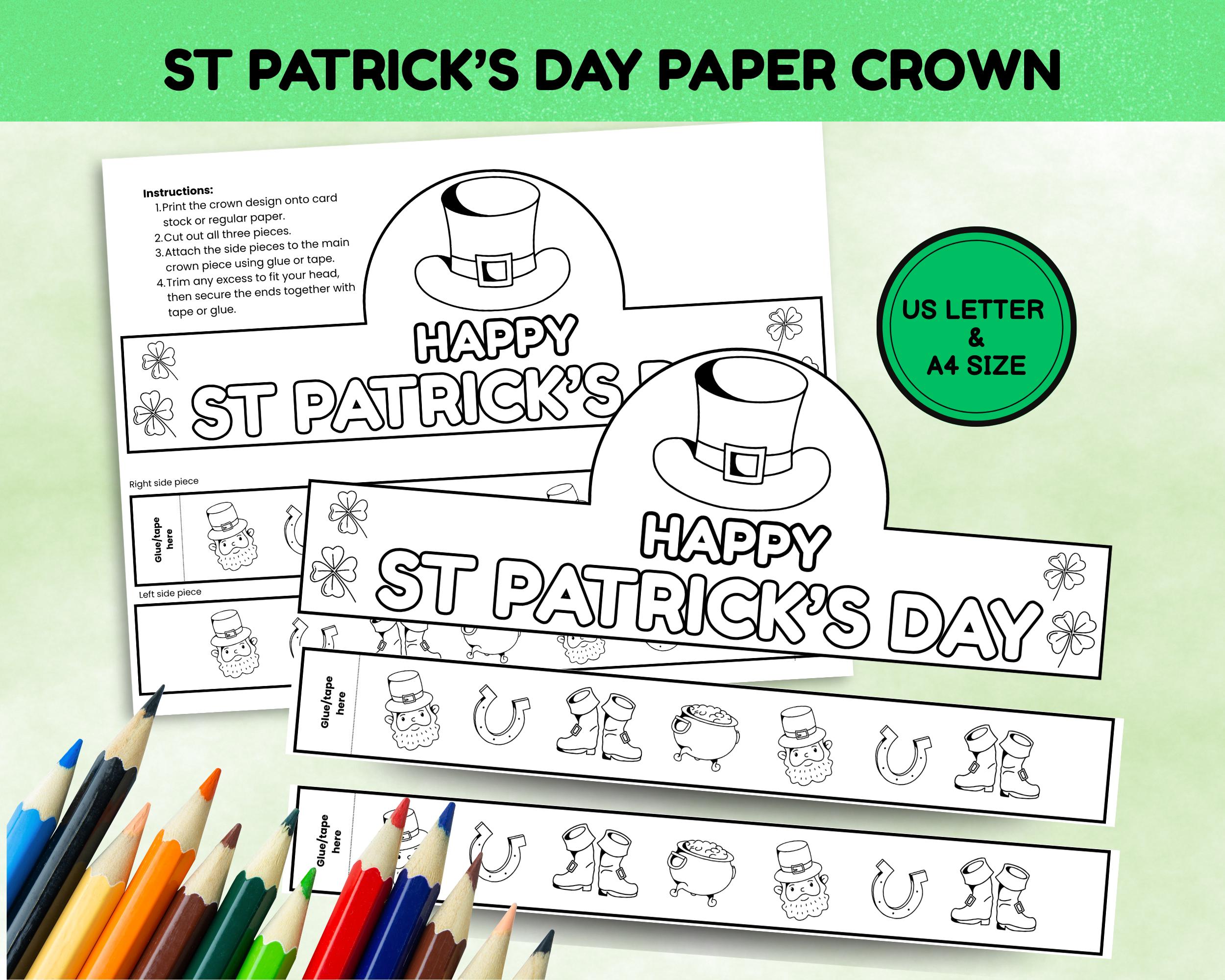 St Patrick's Day Coloring Paper Crown Craft, Leprechaun Hat Craft, St ...