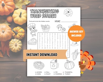 Printable Thanksgiving Word Search for kids | Fall Word Find Game | Fun Party Activity | Thanksgiving Puzzle | Thanksgiving kids coloring