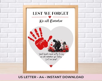 Lest We Forget Handprint Art, Remembrance Day Preschool Craft, Poppy Handprint, Soldier Heart Keepsake, Veterans Day Printable for daycare