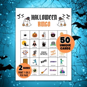 Könnte beinhalten: Eine Halloween-Bingo-Spielkarte mit blauem Hintergrund und gruseligen Illustrationen. Die Karte zeigt Halloween-Motive wie Geister, Kürbisse und Hexen. Der Text enthält "Halloween Bingo", "50 einzigartige Karten" und "2 Größen Drucken 1 oder 2 pro Seite."