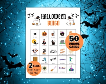 Halloween Bingo Cards Printable, Party Halloween Games for Large Groups, Classroom Halloween Activity for Kids, 50 Spooky Bingo Game cards