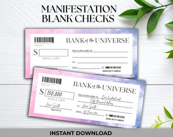 Manifestation Check digital, Blank Check universe template, Bank of the Universe Abundance Check, Pink Law of Attraction Euro, Dollar Pound