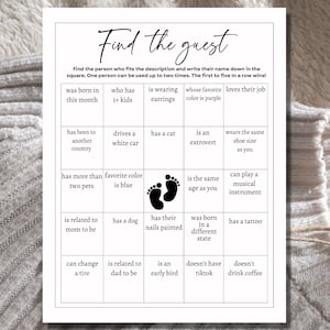 Vind de gast bingo, baby shower bingo, Vind de gast, baby shower spelletjes, baby shower bingokaarten, baby bingo, raad de gast, bingokaart