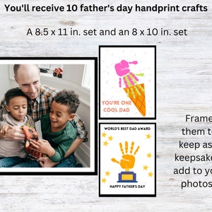 K&ouml;nnte beinhalten: Set mit 10 Vatertags-Handabdruck-Bastelarbeiten. Enth&auml;lt zwei Sets mit druckbaren Designs: ein Set ist 8,5 x 11 Zoll gro&szlig; und das andere 8 x 10 Zoll. Die Designs zeigen Handabdr&uuml;cke in Form eines Eisbechers und einer Troph&auml;e. Der Text auf den Designs lautet "You're One Cool Dad" und "World's Best Dad Award".