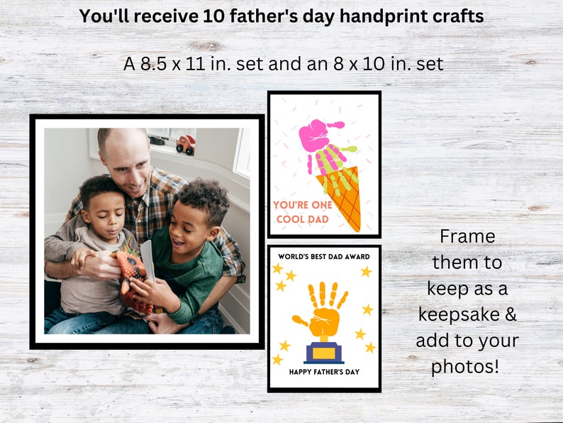 K&ouml;nnte beinhalten: Set mit 10 Vatertags-Handabdruck-Bastelarbeiten. Enth&auml;lt zwei Sets mit druckbaren Designs: ein Set ist 8,5 x 11 Zoll gro&szlig; und das andere 8 x 10 Zoll. Die Designs zeigen Handabdr&uuml;cke in Form eines Eisbechers und einer Troph&auml;e. Der Text auf den Designs lautet "You're One Cool Dad" und "World's Best Dad Award".