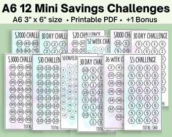 A6 mini savings challenge bundle printable, mini savings challenge trackers, saving trackers for a6 budget binder, save money