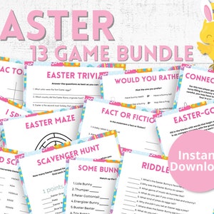 May include: A printable Easter game bundle with 13 different games, including tic-tac-toe, word search, connect four, and a scavenger hunt. The games feature a pink and yellow colour scheme with Easter-themed graphics.