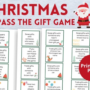 May include: A printable Christmas game with instructions for a gift exchange game. The cards feature illustrations of a fox, a dog, a snowman, a car, and a Christmas tree. The text on the cards includes phrases like "Trade gifts with someone who has a pet dog" and "Swap gifts with someone who wears contacts".