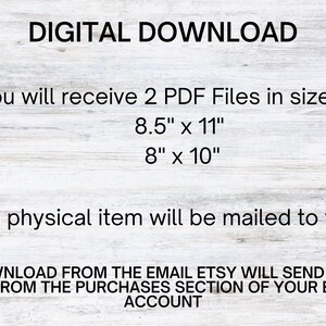 K&ouml;nnte beinhalten: Digitaler Download von zwei PDF-Dateien in zwei Gr&ouml;&szlig;en: 8,5 Zoll x 11 Zoll und 8 Zoll x 10 Zoll. Es wird kein physischer Artikel an Sie versandt. Laden Sie die Dateien von der E-Mail herunter, die Etsy Ihnen sendet, oder aus dem Kaufbereich Ihres Etsy-Kontos.
