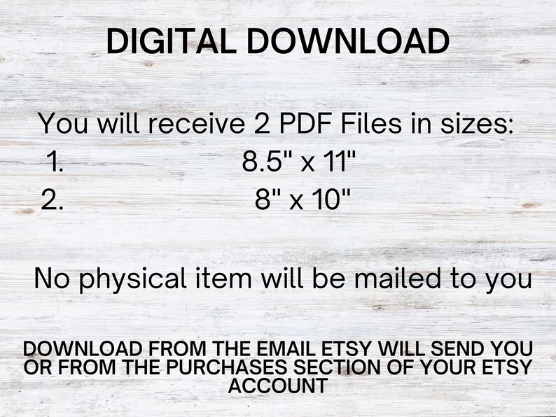 K&ouml;nnte beinhalten: Digitaler Download von zwei PDF-Dateien in zwei Gr&ouml;&szlig;en: 8,5 Zoll x 11 Zoll und 8 Zoll x 10 Zoll. Es wird kein physischer Artikel an Sie versandt. Laden Sie die Dateien von der E-Mail herunter, die Etsy Ihnen sendet, oder aus dem Kaufbereich Ihres Etsy-Kontos.