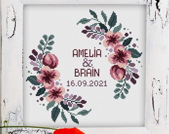 Wedding cross stitch, Personalized custom engagement bridal, Flower wreath cross stitch, Love cross stitch, Wedding gift DIY, Digital PDF