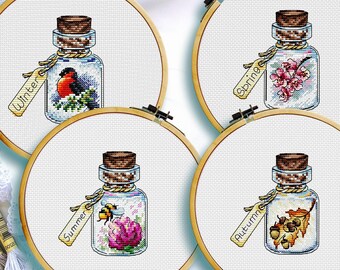Gimpel Kreuzstich, Herbstblatt Kreuzstich, Bienen Kreuzstich, Kirschblüten Kreuzstich, Flasche Kreuzstich, Digital PDF