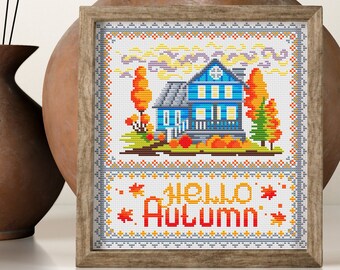 Pumpkin cross stitch, Fall cross stitch, Cross stitch pattern landscape, Sampler cross stitch, Fall leaves, Simple cross stitch