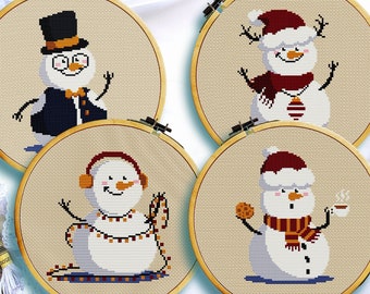 May include: Four cross-stitch snowmen in wooden hoops. Each snowman has a unique design, including a top hat, Santa hat, earmuffs, and a scarf. The snowmen are set against a beige background, with details in black, orange, red, and brown.