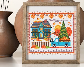 Pumpkin cross stitch, Fall cross stitch, Cross stitch pattern landscape, Sampler cross stitch, Fall leaves, Simple cross stitch