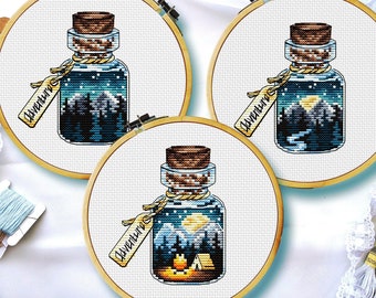 Landscape cross stitch, Mountain and forest in bottle cross stitch, Camping cross stitch, Moon lights, Night sky cross stitch, Digital PDF