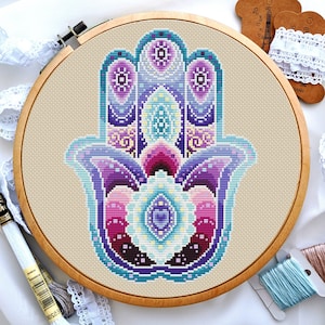 Patrón de punto de cruz de mano de Hamsa mística, ojo de la protección, PDF, diseño de bordado bohemio, arte vibrante de puntada de mal de ojo