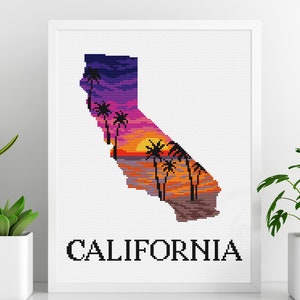 Silhouette California cross stitch pattern, Sunset cross stitch, Tropical beach cross stitch, US states cross stitch, Digital download PDF