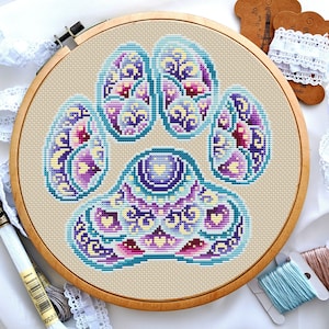 Patrón de punto de cruz de mandala con forma de pata de perro para principiantes, conmemorativo para mascotas, pata de gato, PDF, gráfico imprimible de bordado moderno fácil, diseño de hilo DMC