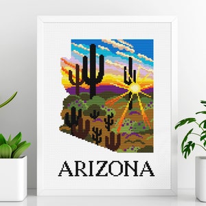 Patrón punto de cruz silueta Arizona, punto de cruz estados de EE.UU., punto de cruz atardecer, punto de cruz desierto y montañas, PDF digital