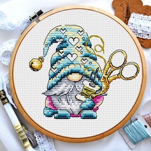 Cross Stitch Pattern PDF Cute Sewing Gnome with Scissors and Thread Handcraft Embroidery Design