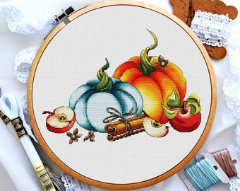 Autumn pumpkin cross stitch, Apple and cinnamon cross stitch, Fall cross stitch, Cross stitch kitchen Beginner cross stitching, Digital PDF