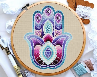 神秘的なハムサの手刺繍パターン「守護の目」PDF ボヘミアン刺繍デザイン 鮮やかな邪眼のステッチアート