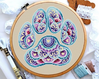 犬の足跡曼荼羅クロスステッチ図案 初心者向け ペットメモリアル 猫の足跡 PDF 簡単モダン刺繍 印刷可能なチャート DMCフロスデザイン