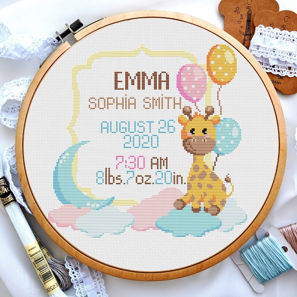 Birth announcement cross stitch, Baby announcement cross stitch, Funny giraffe, Animals cross stitch, Baby sampler cross stitch, Digital PDF