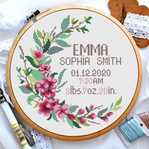 Birth announcement cross stitch, Flower wreath cross stitch, New baby girl birth cross stitch, Personalized baby cross stitch, Digital PDF