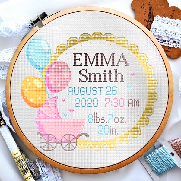 Baby announcement with a stroller and balloons, Birth announcement cross stitch, Custom cross stitch, Funny cross stitch, Digital PDF
