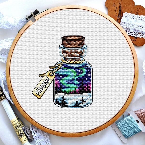 Alaska state cross stitch, Northern lights in bottle cross stitch, Snow forest cross stitch, Winter landscape cross stitch patterns