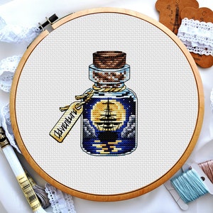 Ship and the night sea in bottle, Landscape cross stitch, Night sky cross stitch, Moon lights cross stitch, Small cross stitch , Digital PDF
