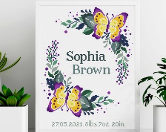 Birth announcement cross stitch, Butterfly cross stitch pattern, Flower wreath cross stitch, Personalized baby cross stitch, Digital PDF