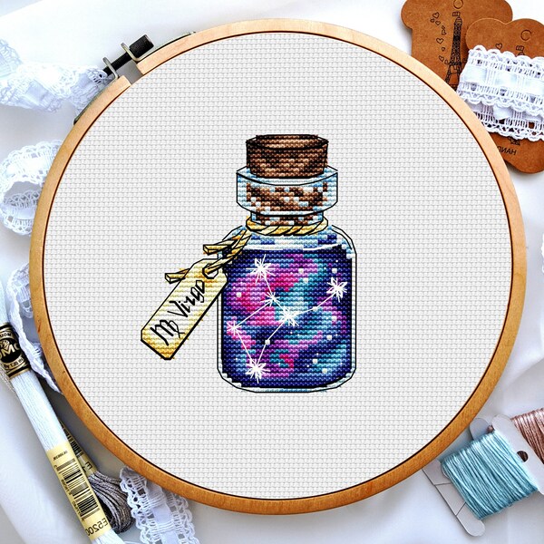 Virgo zodiac sign cross stitch, Bottle cross stitch, Galaxy cross stitch, Starry sky cross stitch, Small cross stitch, Digital PDF