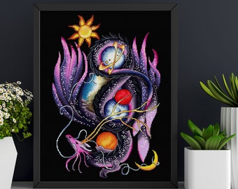 Ponto cruz dragão espacial, ponto cruz de animais, ponto cruz céu estrelado, ponto cruz espacial, PDF digital