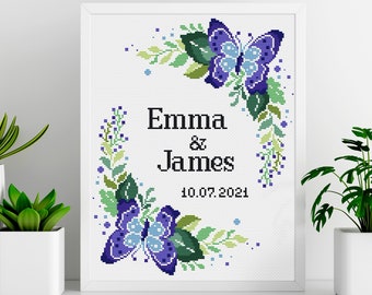 Wedding cross stitch, Personalized custom engagement bridal, Flower wreath cross stitch, Love cross stitch, Wedding gift DIY, Digital PDF