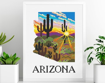 Silhouette Arizona cross stitch pattern, US states cross stitch, Sunset cross stitch, Desert and mountains cross stitch, Digital PDF