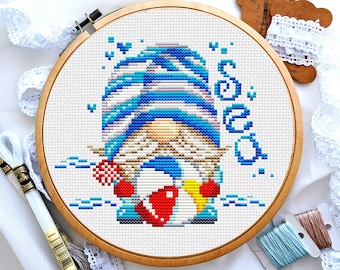 Sea gnome cross stitch pattern, Small cross stitch, Summer cross stitch, Baby cross stitch, Funny cross stitch, Digital download PDF
