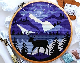 Tier Silhouette Kreuzstich, Hirsch Kreuzstich Muster, Sternenhimmel und Berge Kreuzstich, Landschaft Kreuzstich, Digital PDF