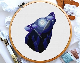 Animal silhouette cross stitch pattern, Wolf cross stitch, Starry sky cross stitch, Landscape cross stitch, Digital PDF