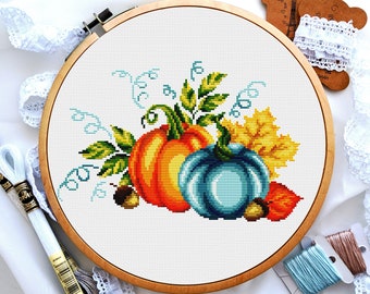 Autumn pumpkin cross stitch, Fall cross stitch, Autumn leaves and acorns cross stitch, Beginner cross stitching, Digital download PDF