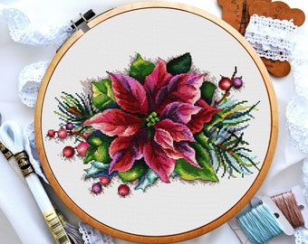 Christmas poinsettia cross stitch pattern, Winter flower bouquet cross stitch, Christmas tree cross stitch, Holly cross stitch, Digital PDF