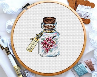 Kirschblüten Kreuzstich, Blumen Kreuzstich, Kleine Kreuzstich, Flaschen Kreuzstich, Anfänger Kreuzstich, Digital PDF