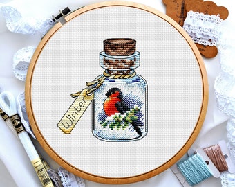 Gimpel Kreuzstich, Kreuzstich Vogel, Kreuzstich Winter in der Flasche, Kreuzstich Landschaft, Digital PDF