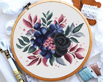 Black roses cross stitch, Flowers cross stitch pattern, Flower bouquet cross stitch, Cross stitch pattern easy, Digital PDF