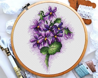 スミレの花束のクロスステッチパターン、鉢植えの花のクロスステッチ
