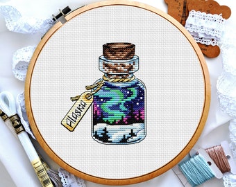 Alaska state cross stitch, Northern lights in bottle cross stitch, Snow forest cross stitch, Winter landscape cross stitch patterns