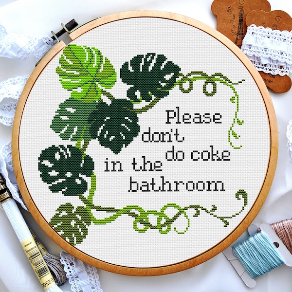 Do coke in the bathroom cross stitch pattern, Cross stitch subversive quote, Tropical leaves  cross stitch, Digital PDF